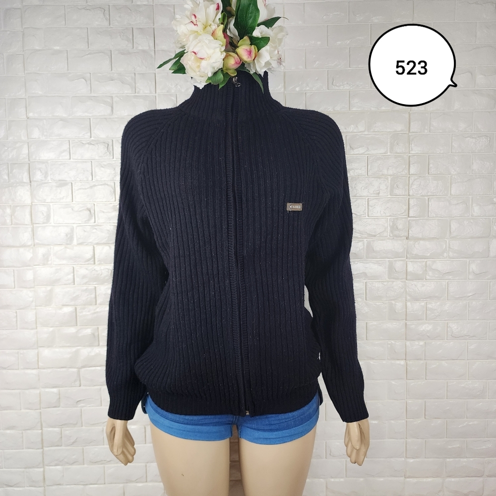 patrol large black rib knit full zip sweater